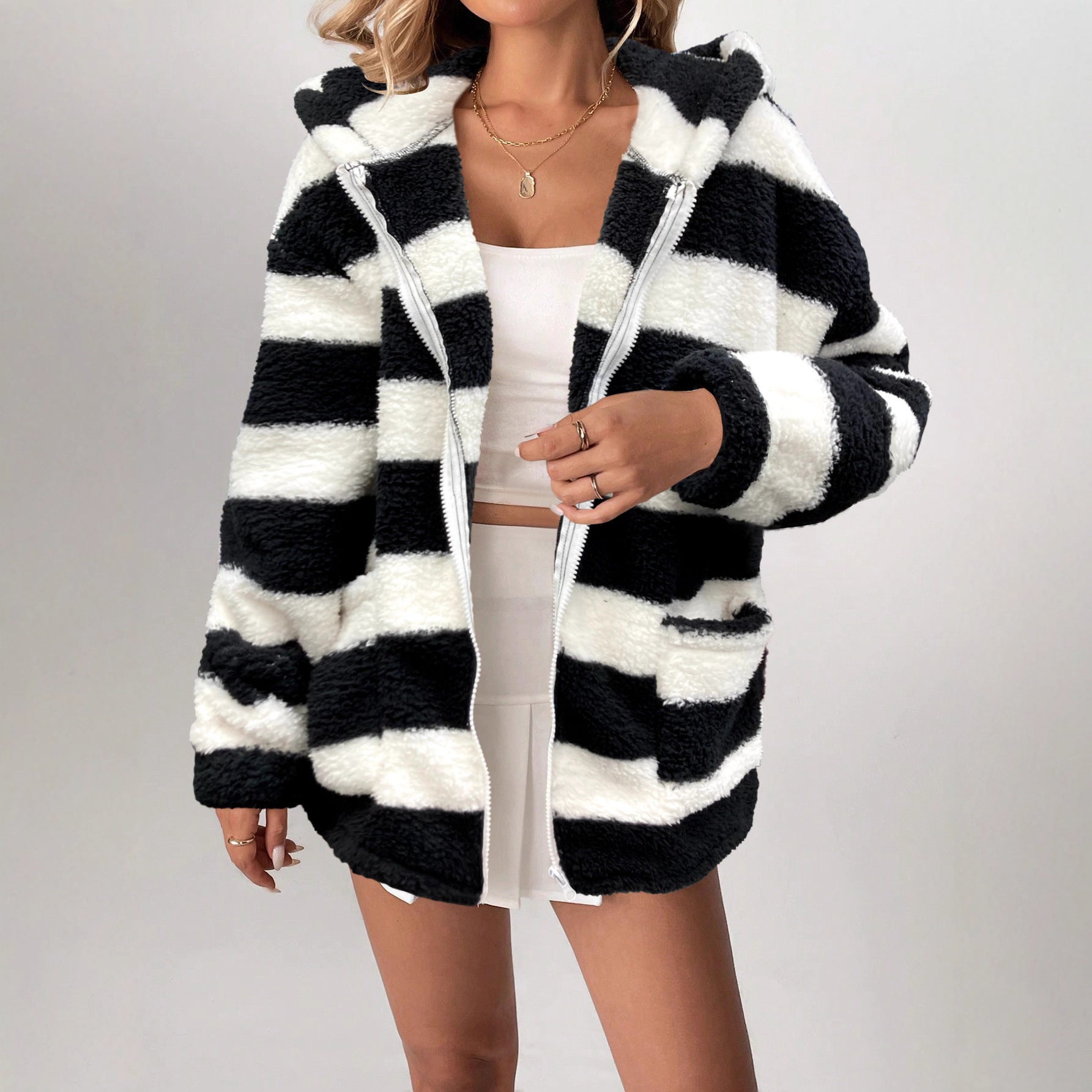 Casual Long Sleeve Black And White Striped Cardigan Jacket