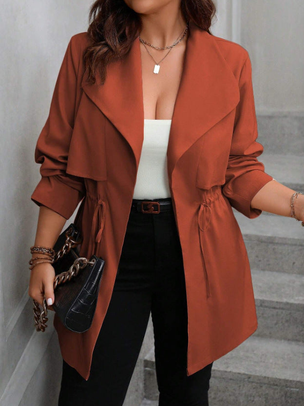 Drawstring Large Lapel Mid-length Trench Coat