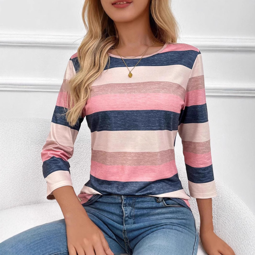 Casual Color Gradient Round Neck Long Sleeve T-shirt