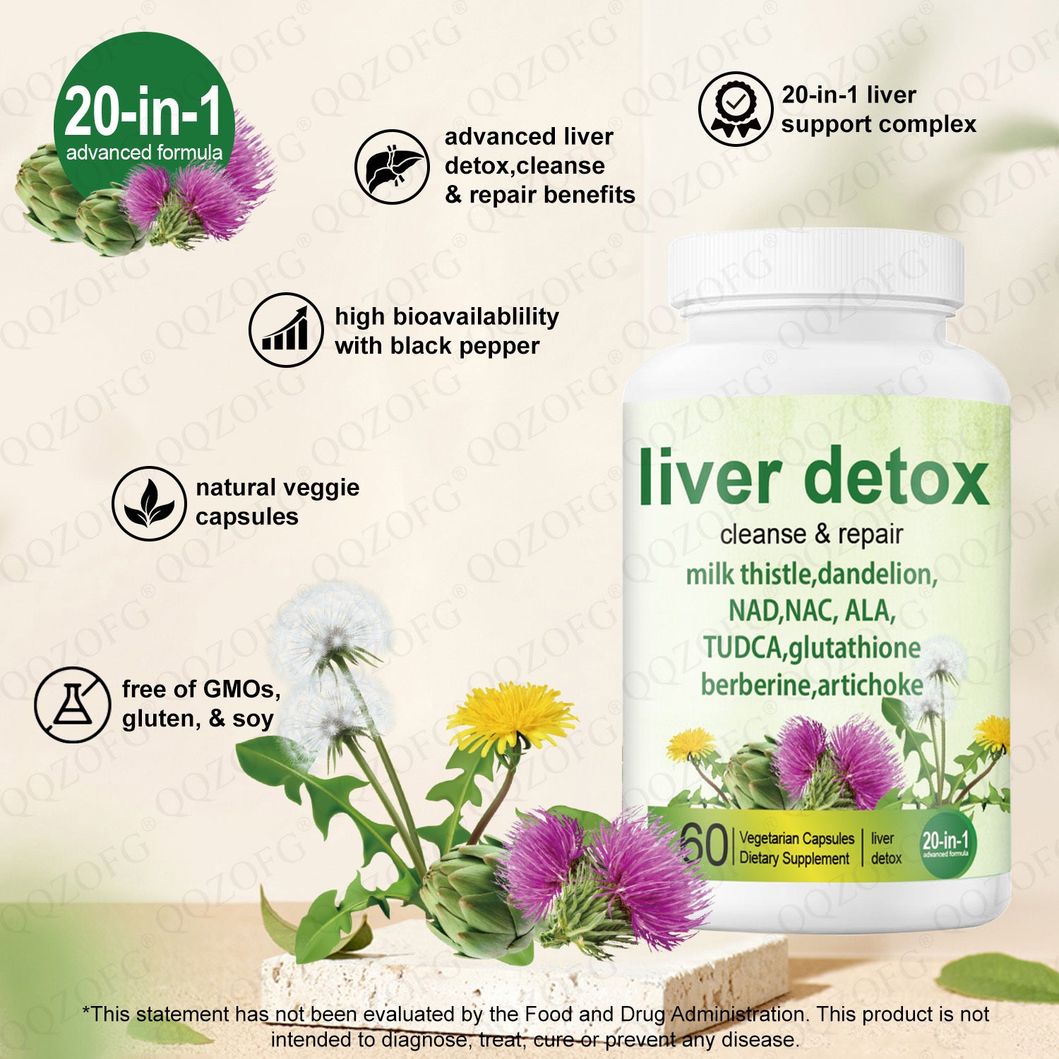 Liver Detox Capsule Milk Thistle Dandelion Nad Berbering Support Breath System 60 Count